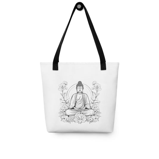 Stofftasche weiß Buddha im Blumenfeld