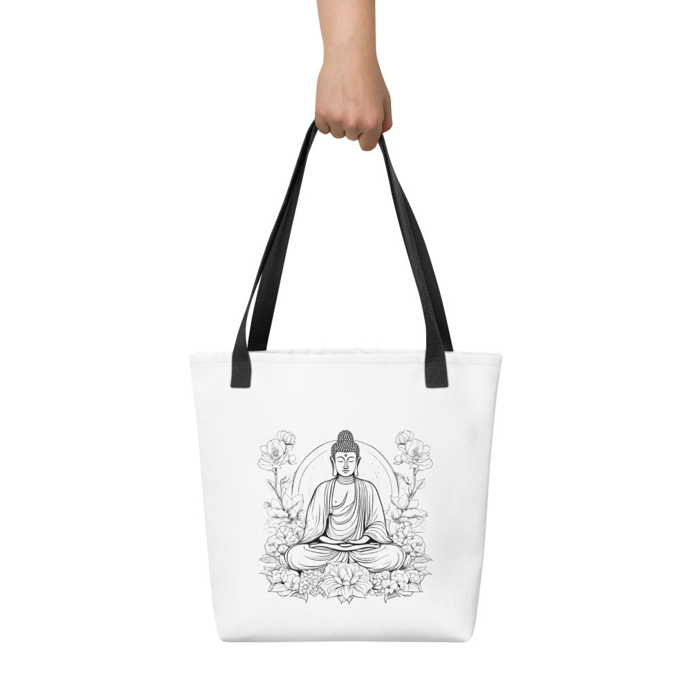 Stofftasche weiß Buddha im Blumenfeld