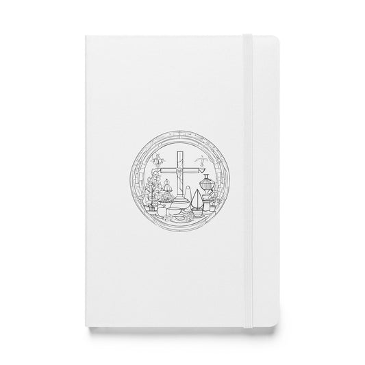 Hardcover Notizbuch weiß Kreuz mit christlichem Stillleben