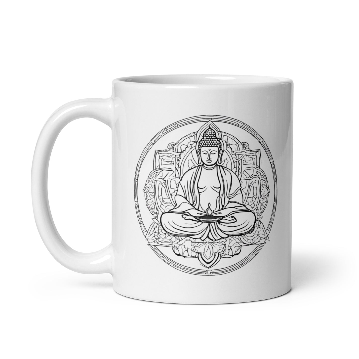 Tasse weiß glänzend Buddha im Kreis
