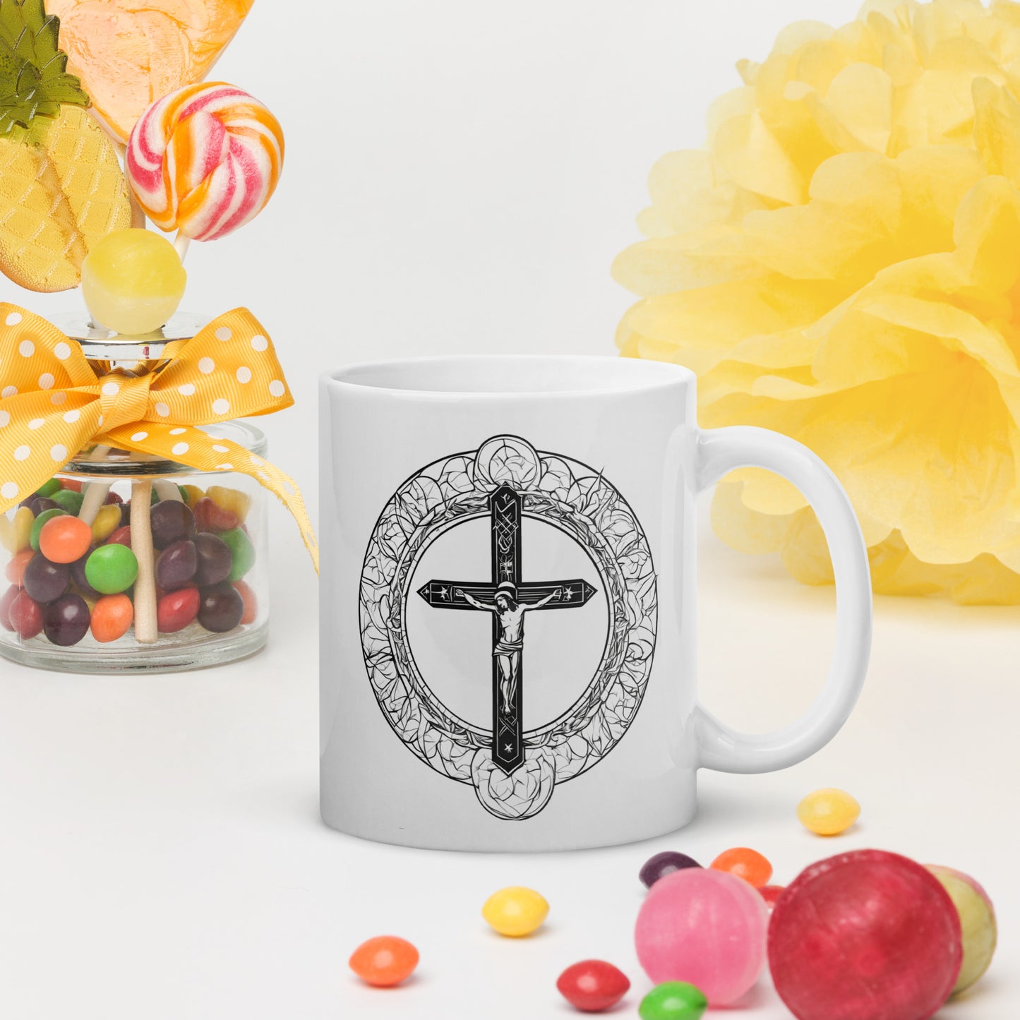 Tasse weiß glänzend Jesus Kreuz