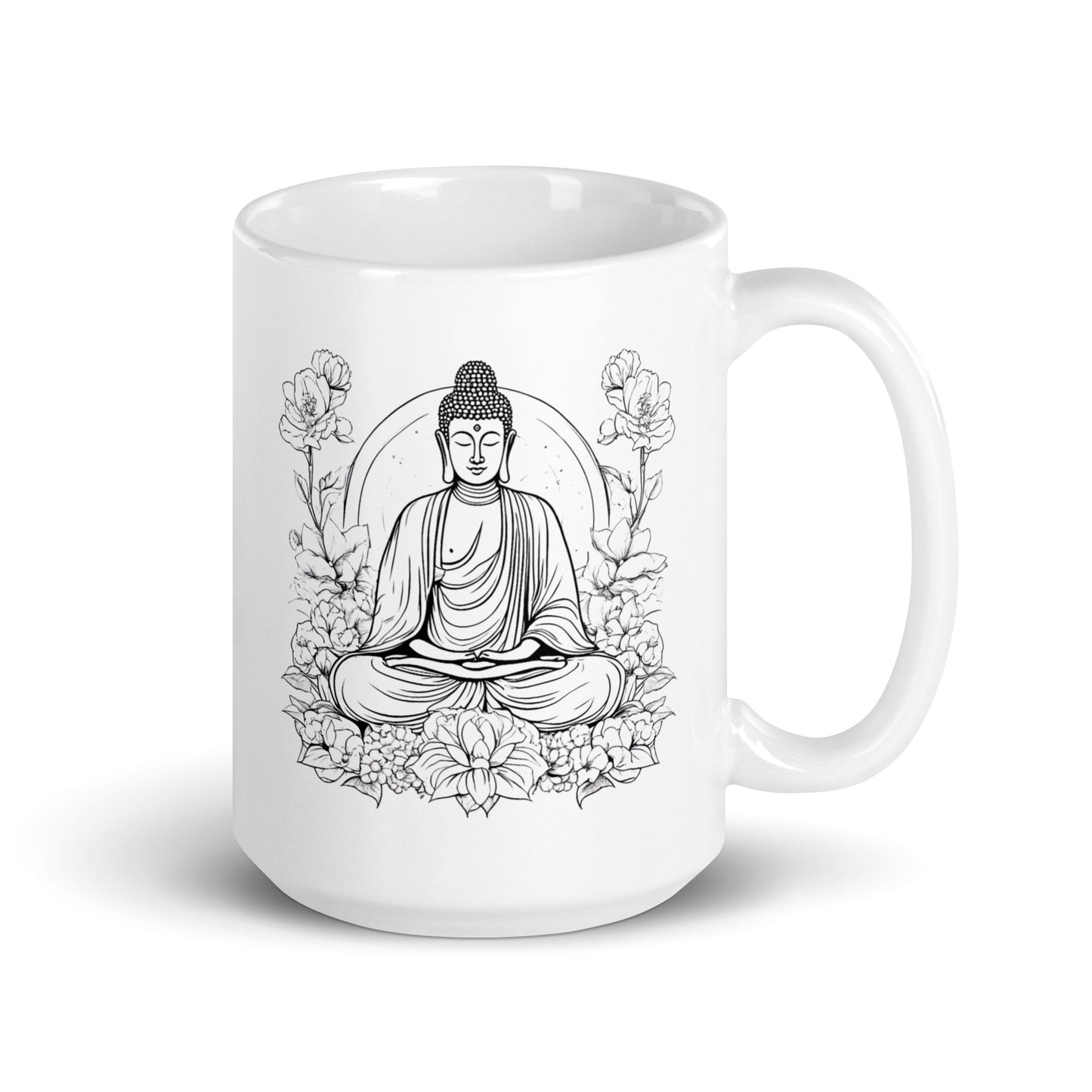 Tasse weiß glänzend Buddha im Blumenfeld