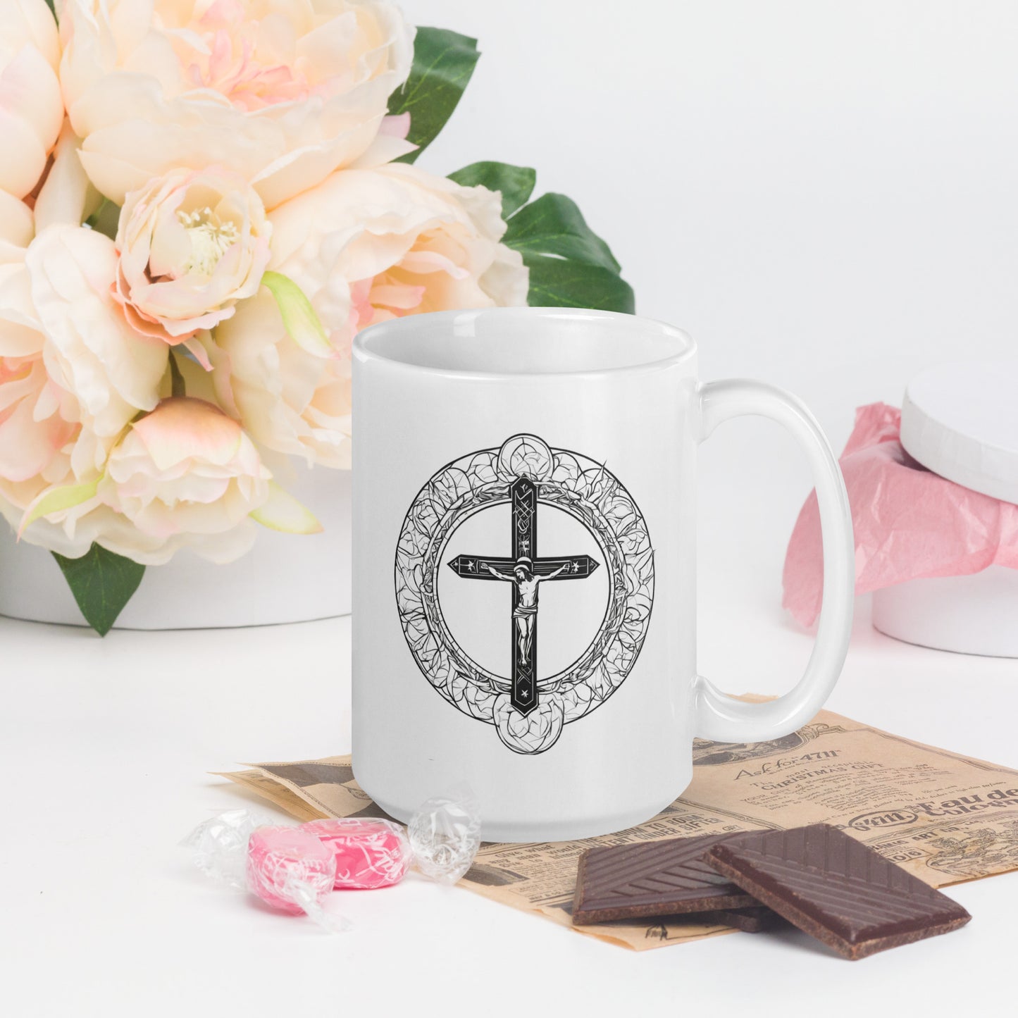 Tasse weiß glänzend Jesus Kreuz